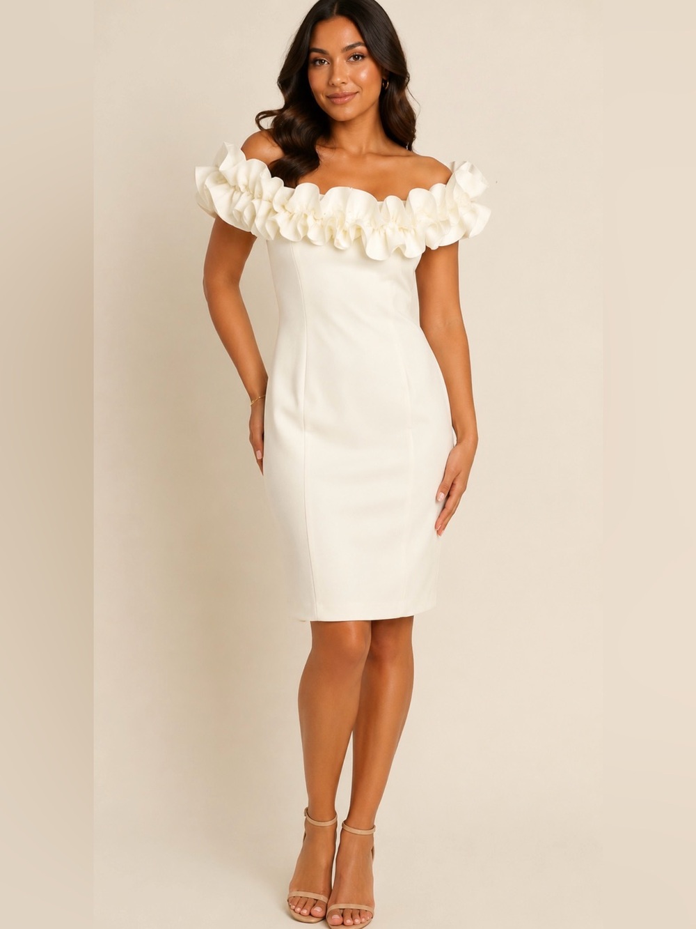 Calvin Klein White Off Shoulder Ruffle Sheath Dress Size 6